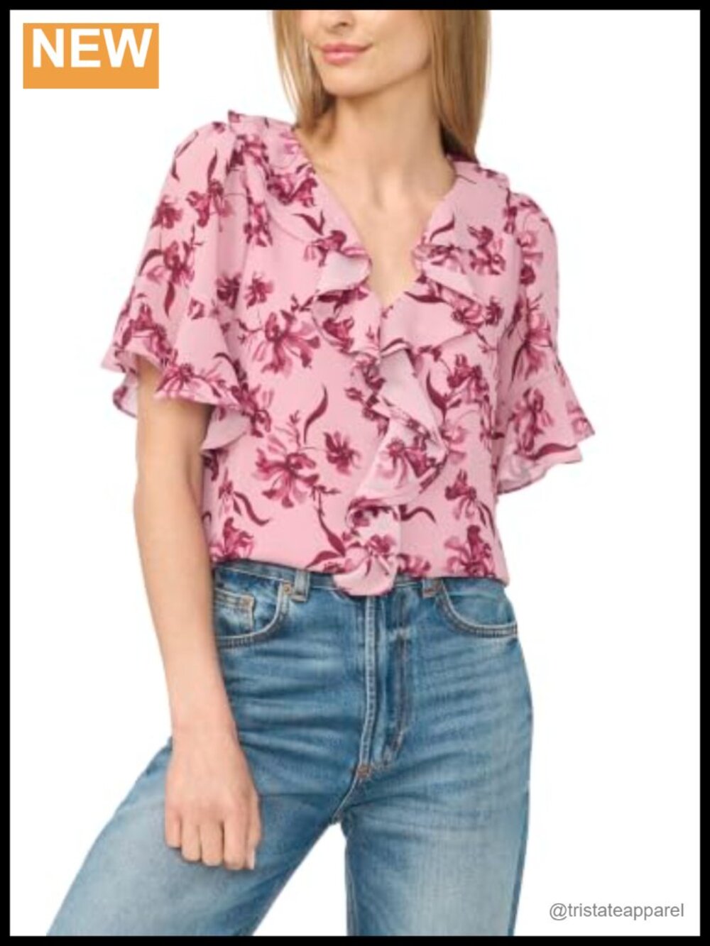Floral Button-Front Flutter Sleeve Ruffle Top